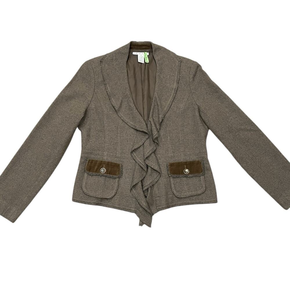 CAbi Womens Size 10 Brown Kensington Wool Blend Ruffle Front Blazer Jacket Tweed